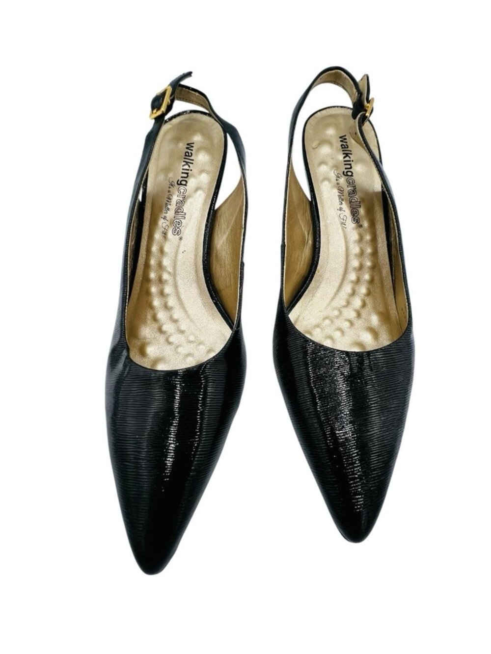 Walking Cradles Black Leather Slingback Pointed Toe Pumps Women's Made In Brazil